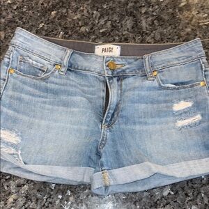 PAIGE Blue Jean Shorts with Distressed Cuffed Hem